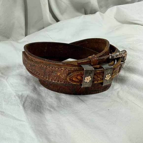 Vintage 4 piece sterling tan western tooled leather belt small - Picture 4 of 13